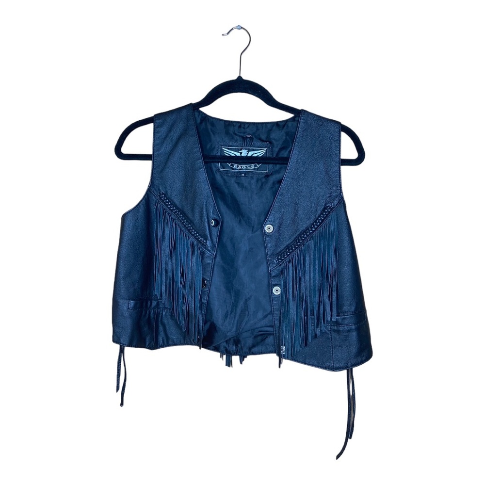 Black fringe vest with adjustable sides. “ Eagle” brand size xs